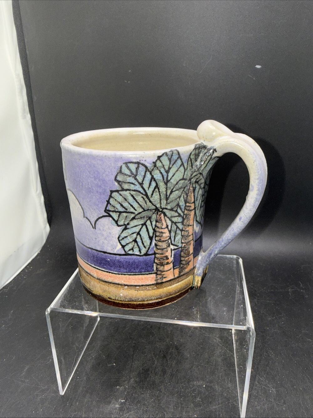 Handcrafted Studio Pottery Mug Palm Tree Beach Boats Scene Signed